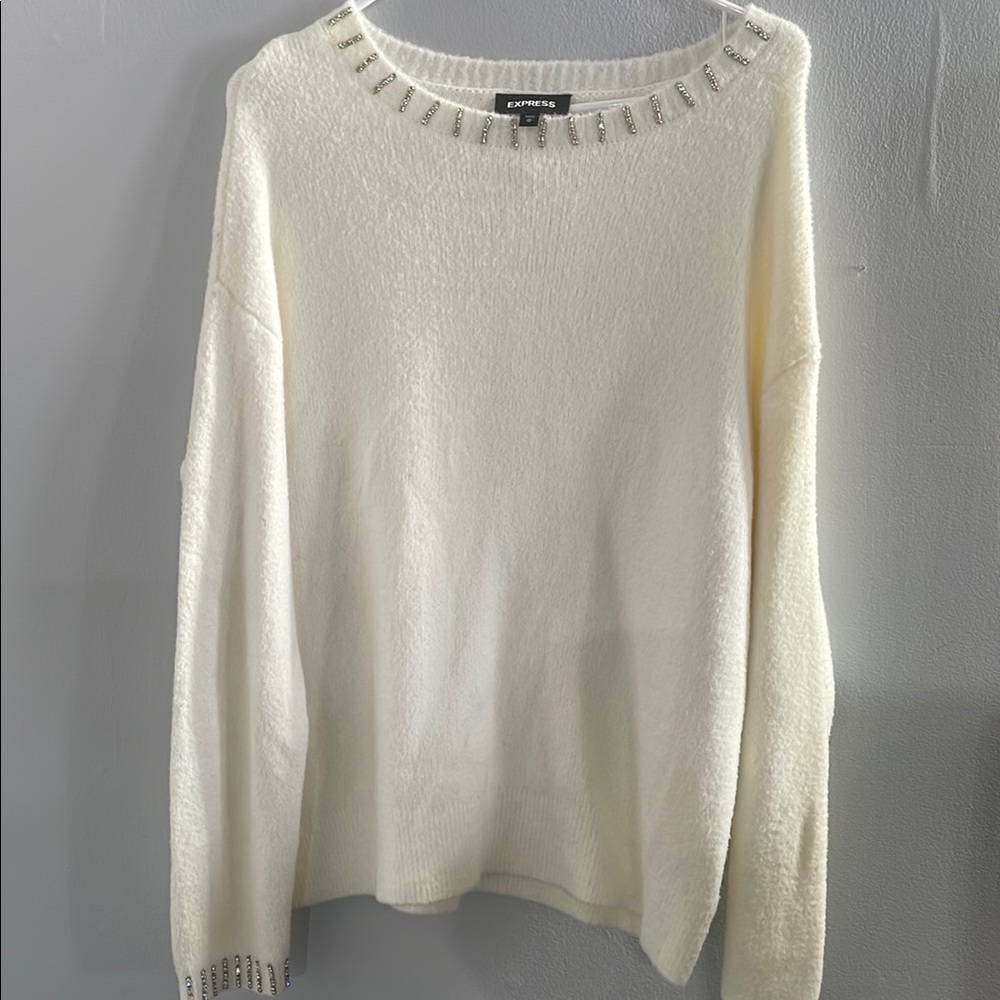Express White Crew Neck Sweater with Decorative Trim